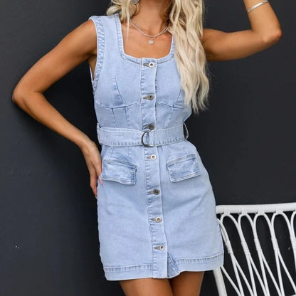 vmtvr  -  Spring Summer New Women's Clothing Solid Color Casual Slim Denim Sleeveless Dress Sexy Mini Dress