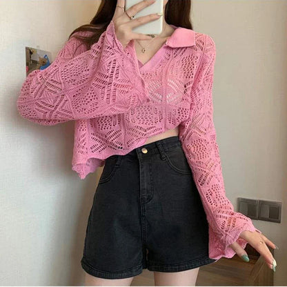 vmtvr Women Sexy Hollow Out Knit Shirts Summer Korean Fashion Loose Sun Protection Blouse Casual Female Flared Long Sleeve Tops