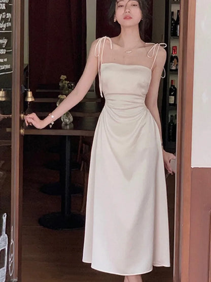 vmtvr Sexy Spaghetti Strap Satin Midi Dress Women Hollow Out Slim Waist Summer Elegant Vintage Prom Roe One Piece Vestidos Mujer New