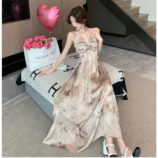 vmtvr 2024 New Summer Vintage Print Long Dress Women V-neck Sleeveless Sling Loose Backless Elegant Beach Holiday Fairy Dresses