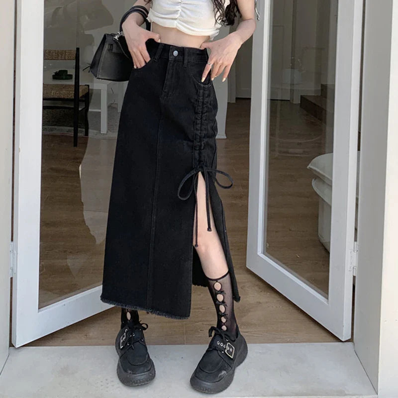 vmtvr Y2K High Waist Women Jeans Skirts Korean Fashion Bandage Female Tassel Midi Skirts Summer Casual Streetwear A Line Skirts