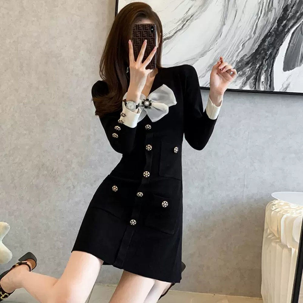 Small Fragrance Style Knitted Dress Women Autumn  New Slim Little Black Dress Female Fashion Bodycon Sweet Mini Dress Trend