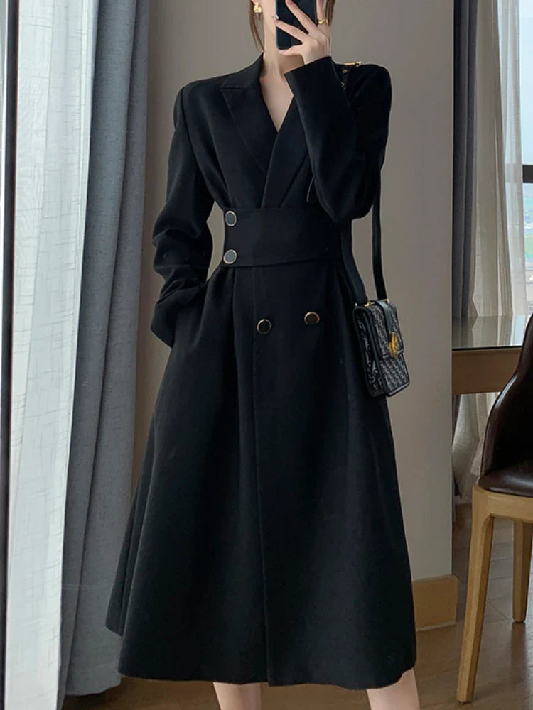 vmtvr Women's Spring Autumn Casual Elegant Midi Black Dress Long Sleeve A-Line Party Vestidos Female Fashion Korean Outwear Clothes