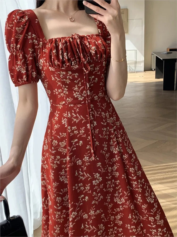 vmtvr Women's Vintage Slim Split Maxi Dress Floral Casual Red Dress Female Fashion Korean Chic Boho Beach Party Spring Summer New