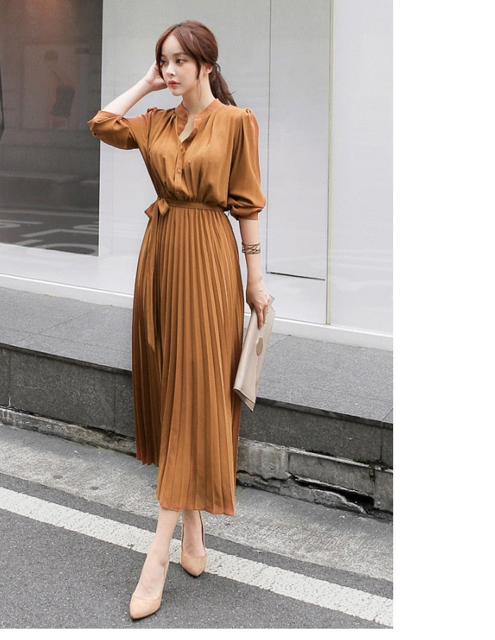 vmtvr Elegant Chiffon Long Sleeve Shirt Dress Women Belt Lace Up A-line Pleated Maxi Dress Korean Fashion Fall Clothes Streetwear