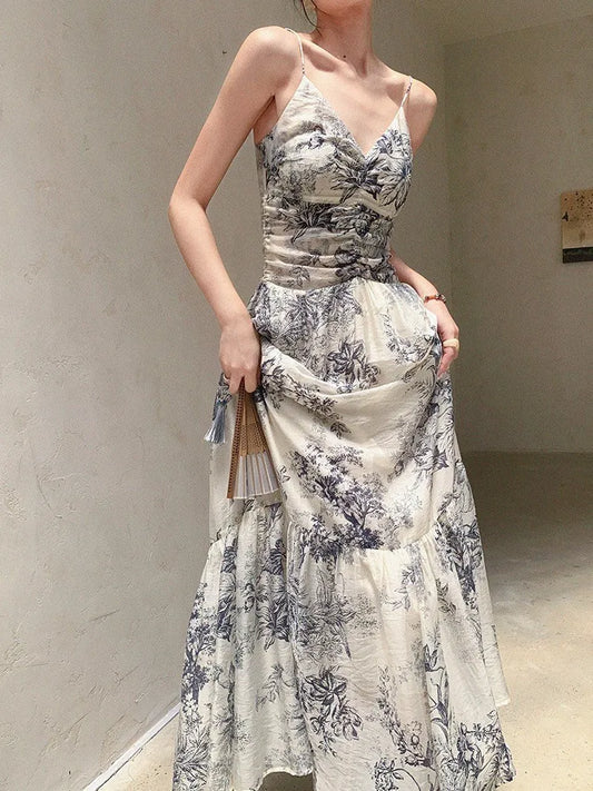 vmtvr Fashion New Women Summer Spaghetti Strap Floral Dress Sleeveless Vintage Casual A-Line Party Birthday Long Dresses Female Robe