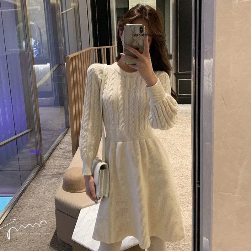 vmtvr Women Sweater Long Sleeve Dresses Autumn Winter Knitted Patchwork Slim O Neck Elegant Solid Color New Year Pullover Dresses