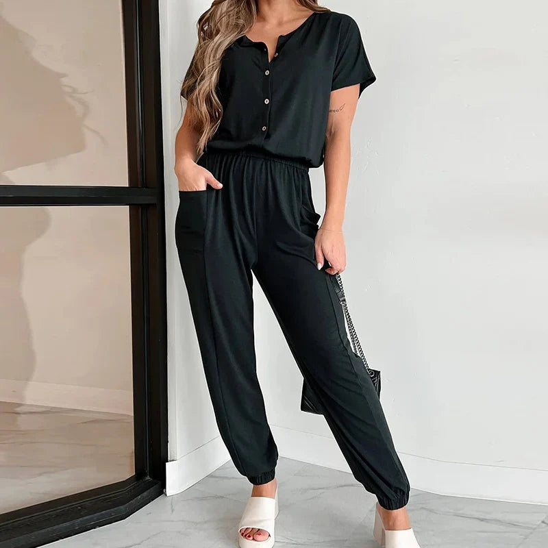 vmtvr New Spring Summer Short Sleeve T-shirt Jumpsuit Women V-neck Button Straight Playsuit Casual Pencil Pants Pocket Romper Overalls