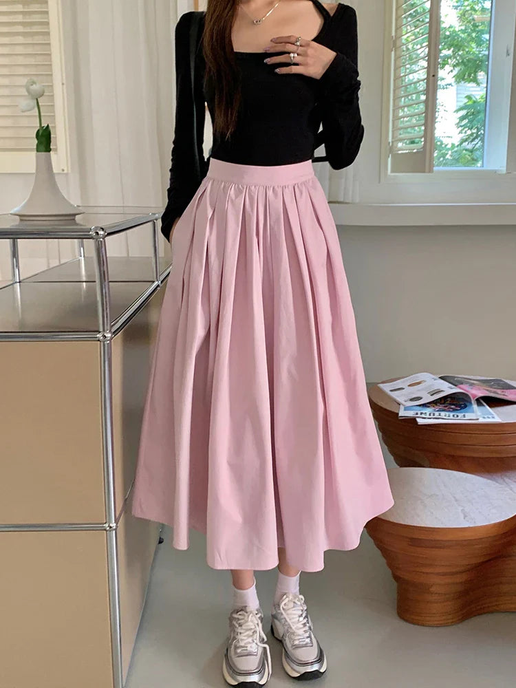 vmtvr Elegant Women Pockets Pleated Skirts For Ladies 2024 Spring Summer A-Line Loose Casual High Waist Midi Skirt SK25