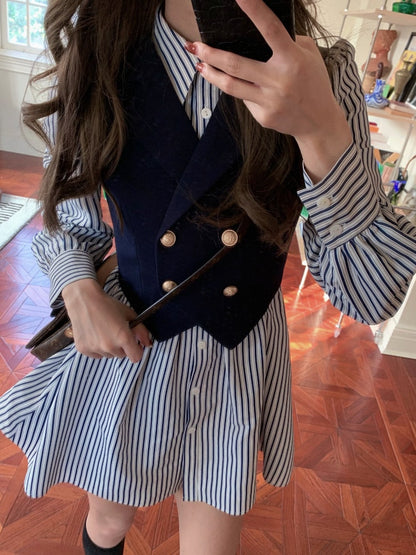 vmtvr - Autumn Sweet Striped Dress Women College Style Loose Casual Mini Dress Female Long Sleeve Single-breasted Chic Korean Dress 2023