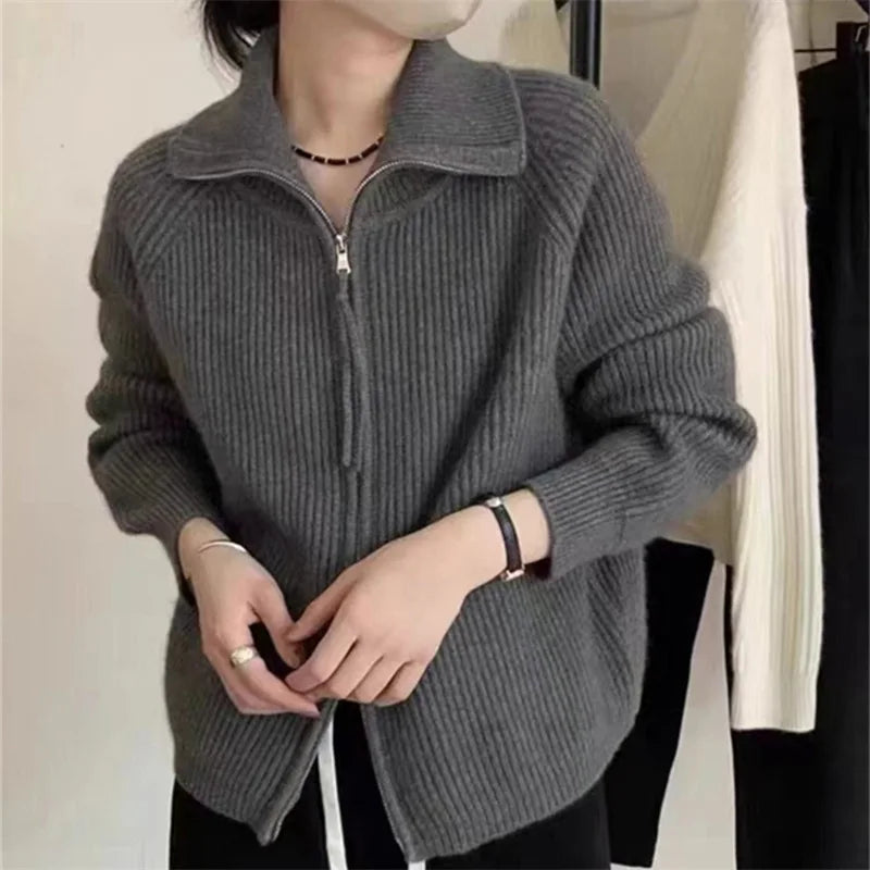 vmtvr Autumn Winter Double Zipper Sweater Women Korean Fashion Long Sleeve Knitted Cardigans Female Stand-up Collar Knitting Coat