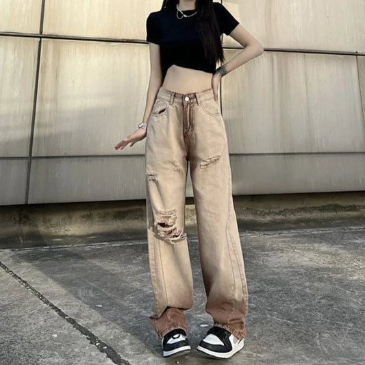 vmtvr High Street Women Hole Y2k Jeans Spring Summer Vintage High Waist Contrast Color Pants Hip Hop Khaki Casual Wide Leg Trousers