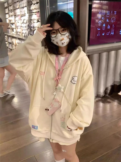 -Harajuku Kawaii Pink Zip Up Hoodie Women Japanese Y2K Sweet Cute Beige Fleece Sweatshirts Korean Style Girly Hooded Jacket