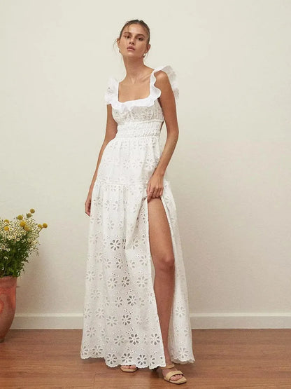 vmtvr  -  Square Collar White Lace Summer Tank Dress Women Sexy Backless Maxi Long Sundress Holiday Beach Cotton Slip Vestidos Party