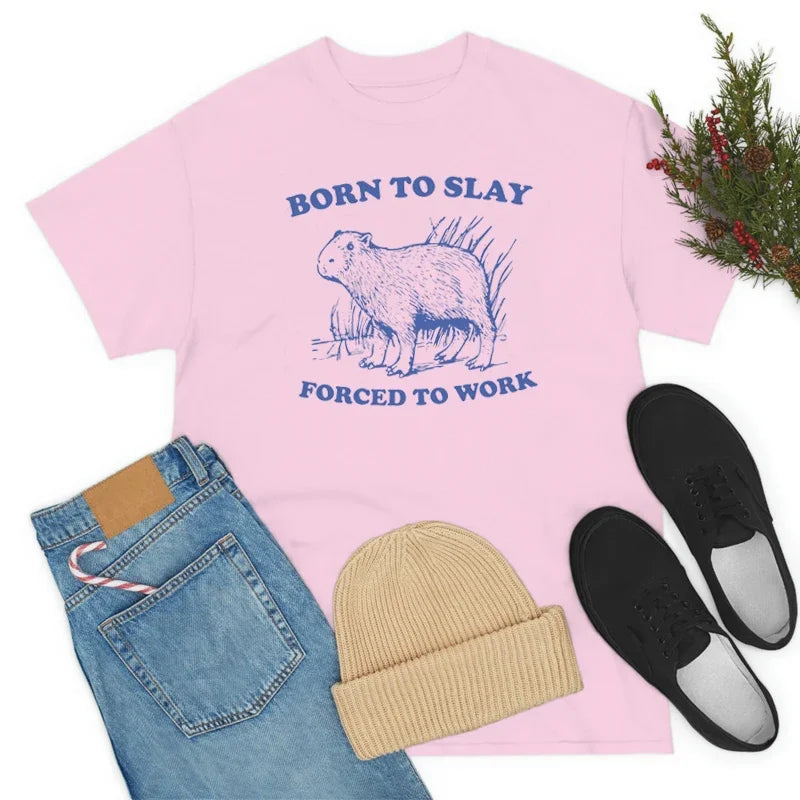 Born to Slay Funny Meme T-Shirts for Women Sassy Cute Cartoon Animal Printed Graphic Tees Sarcastic Lazy T Shirt Vintage Tops