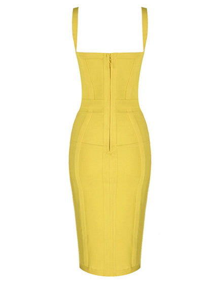 Sexy Sleeveless V Neck Yellow Midi Women Bodycon Bandage Dress  Designer Fashion Evening Party Dress Vestido