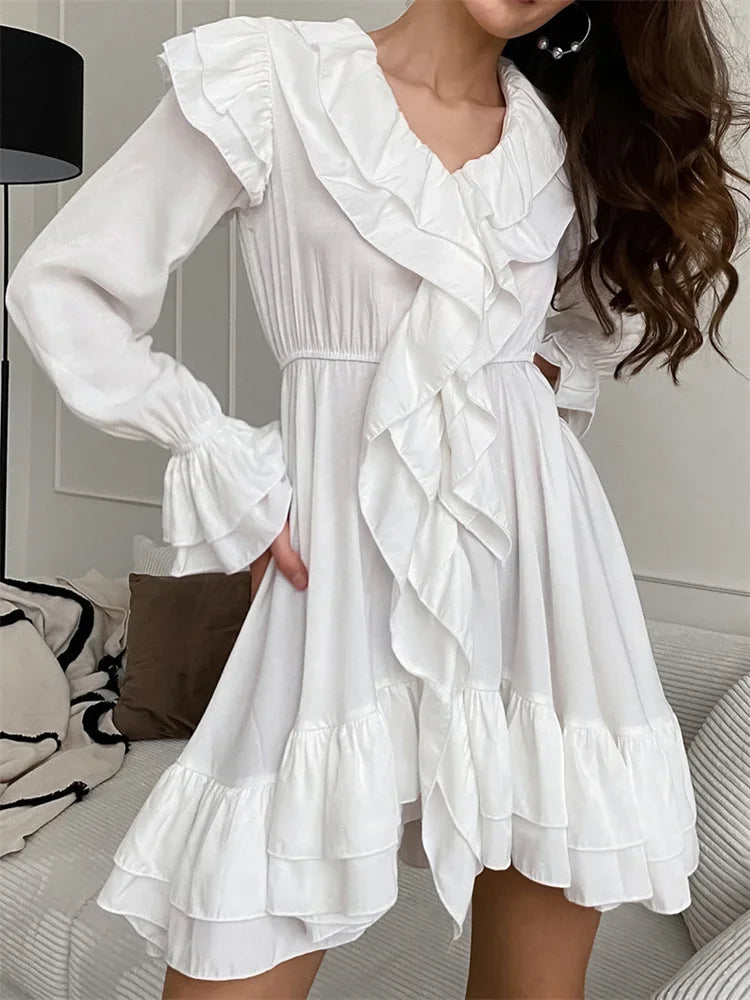 vmtvr White Ruffled Mini Dress Women's Patchwork Fashion Bandage High Waist Elegant Party Dress Slim Loose Autumn 2024 Dress New