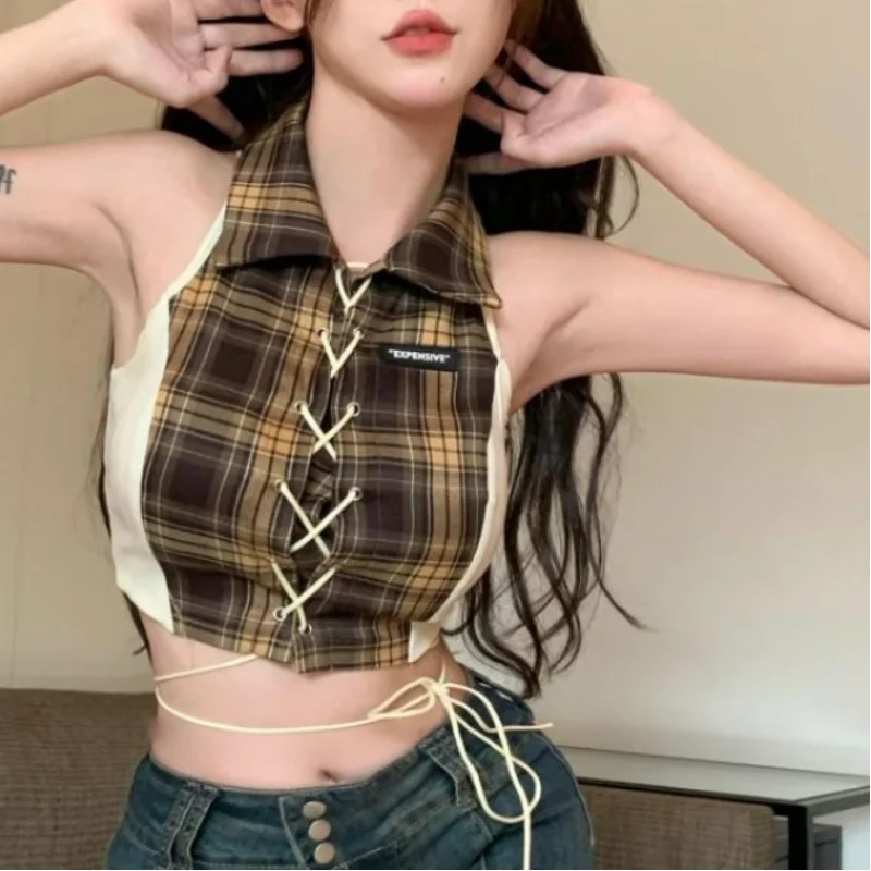 vmtvr American Vintage Women Plaid Camis Summer Sexy Slim Irregular Casual Fashion Female Clothing New Chic Sleeveless Crop Tank Top