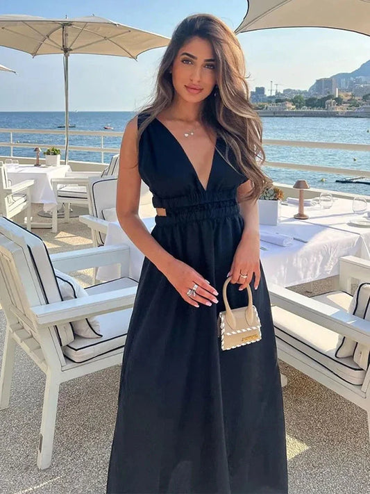 vmtvr  -   V Neck Black Sexy Summer Women Dress Backless A-line Maxi Sundress Party Elegant Basic Elegant Long Vestidos Casual