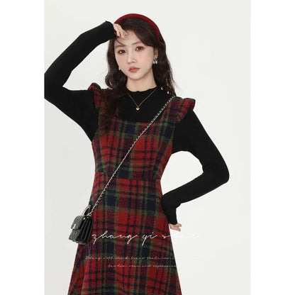 vmtvr  -  Korea Chic Feminine Vestidos Women Ruffles Elegant Retro Cute Vintage Woolen Red Plaid Shirt Dress