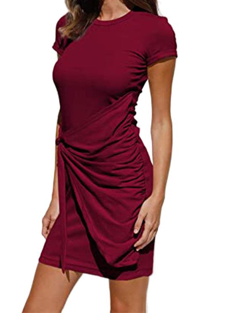 Summer Party Basic Crew Neck Dresses Ladies Short Sleeve Womens Solid Bodycon Slim Mini Dress Casual Slim Pencil Short Dress