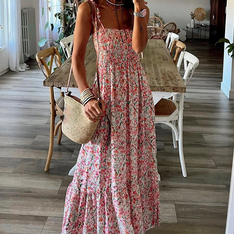 vmtvr Bohemian Floral Print Pleats Women's Dress Sexy Slash Neck Strap Long Dress Fashion Summer Sleeveless High Waist Beach Dresses