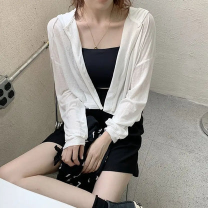 vmtvr Summer Women Sun Protection Shirts Fashion Streetwear Translucent Cropped Tops Korean Female All Match Zipper Hoodie New