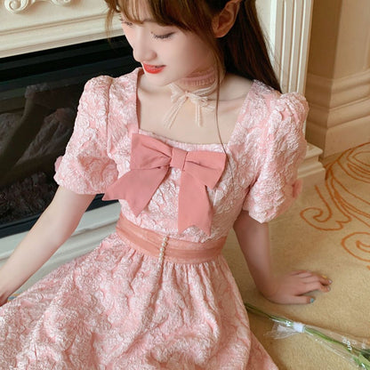 Pink Sweet Kawaii Square Neck Puff Sleeves Dress Korea Fashion Bowknot Princess Dress Summer 2023 Fairy Waist Slim Mini Dress