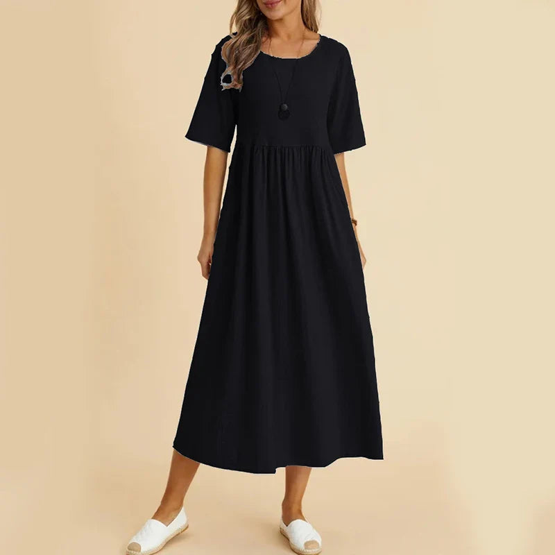 vmtvr Summer Women Dress American Style Casual Fashion Cotton Linen Midi Dresses Female High Waist Loose Short Sleeve Dress New