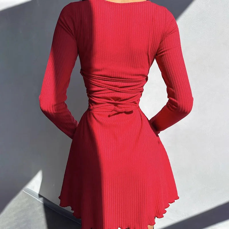 Solid Knitted Mini Dress for Women Elegant Outfits Fall Long Sleeve Bandage A-Line Vestido Plunge Dresses Clothes