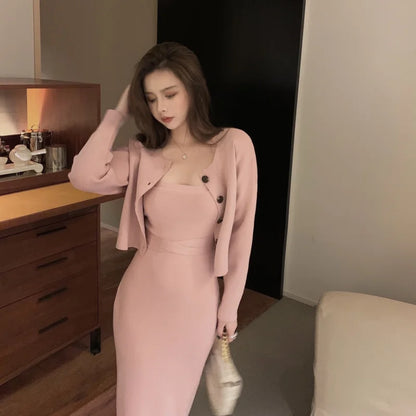 vmtvr Tow Piece Set Women Autumn Korean Slim Knitted Cardigan Coat+sexy Bodycon Strap Dress Office Lady Sashes Casual Sweater Set