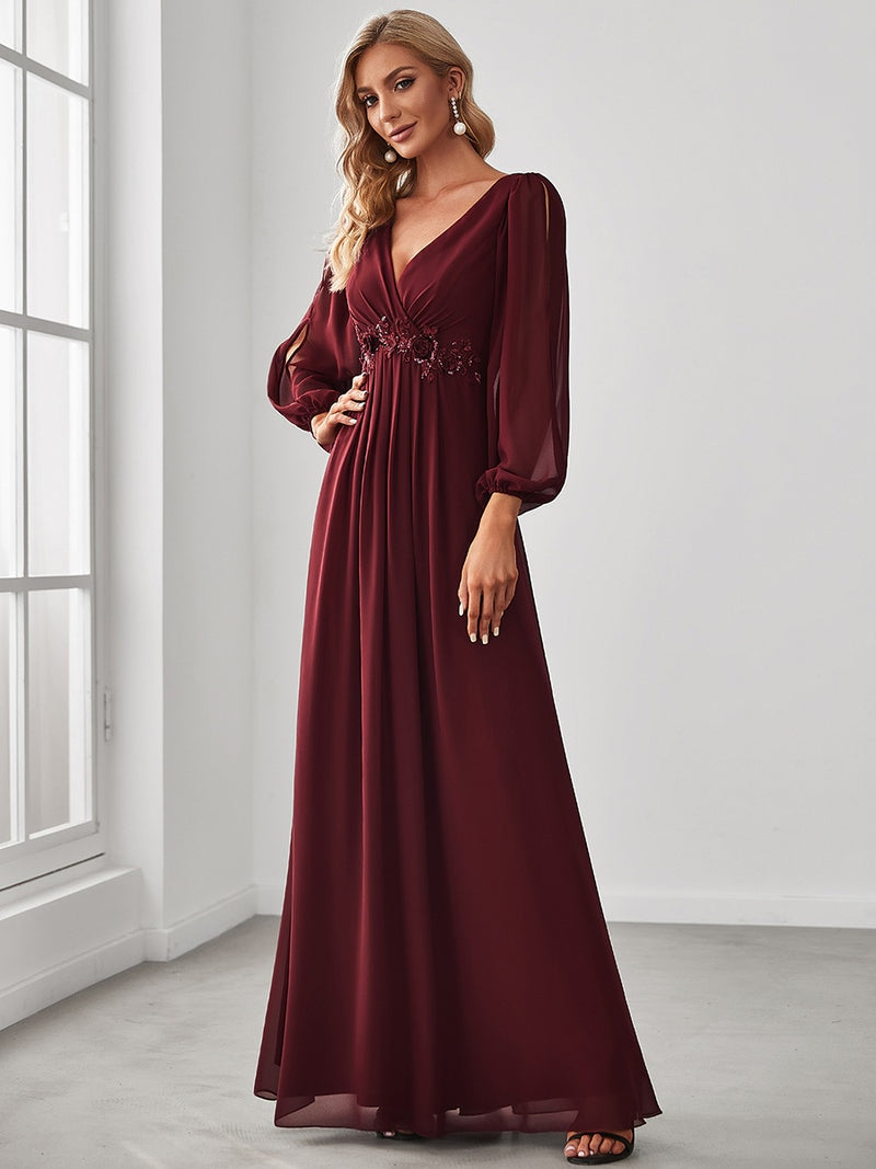 vmtvr - Elegant Evening Dresses Long Lantern Sleeves V-neck 2023 ever pretty of A-LINE Chiffon Burgundy flower beltbelt Prom Dress Women