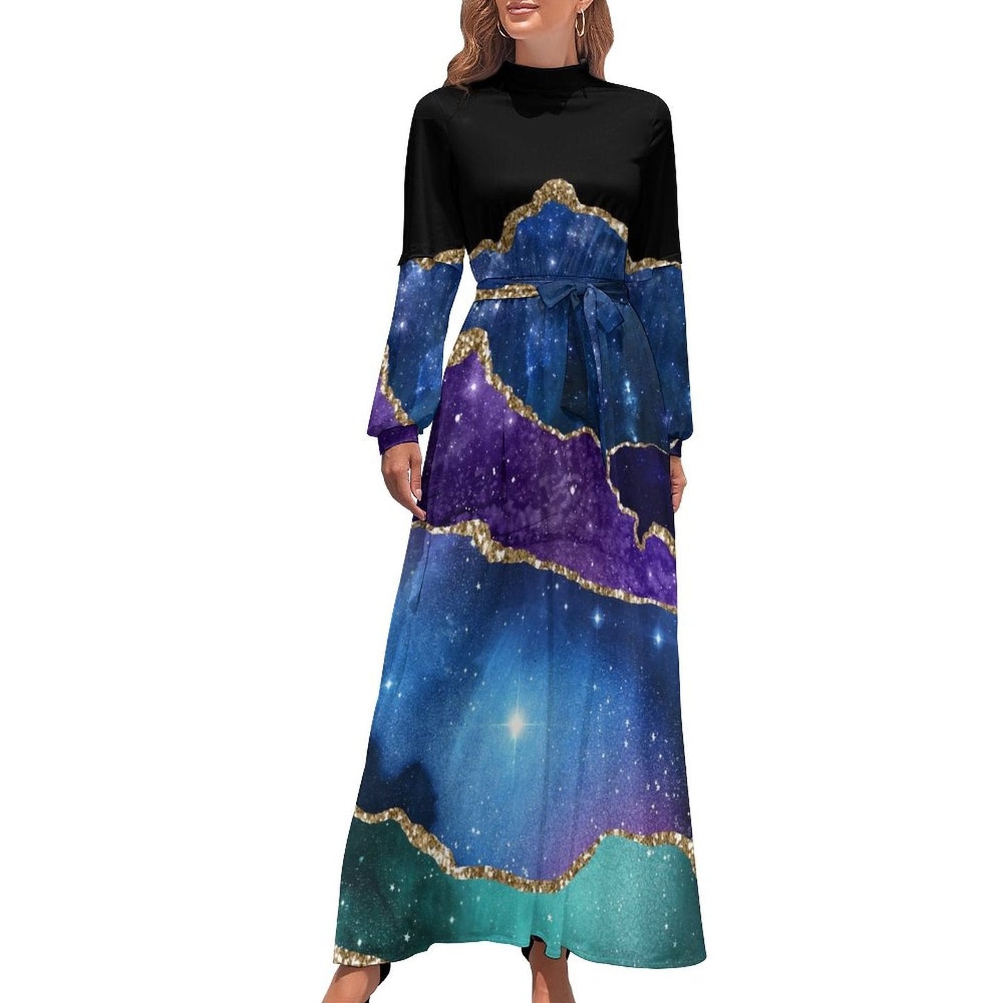 Marble Print Dress Watercolor Flow Abstract Aesthetic Bohemia Dresses Female Long Sleeve High Neck Sexy Long Maxi Dress