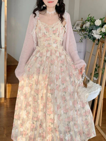 vmtvr Chiffon Lace Strap Dress Women Floral Embroidery Fairy Vintage Long Dress Female Sweet Princess Casual Party Dresses Summer