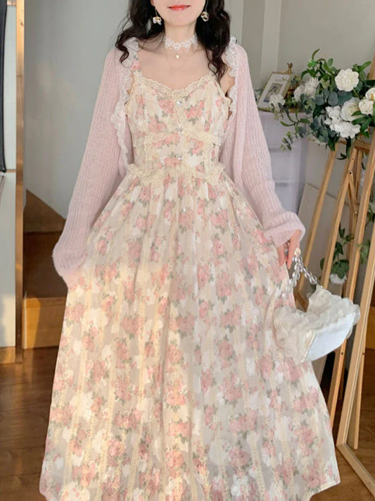 vmtvr Chiffon Lace Strap Dress Women Floral Embroidery Fairy Vintage Long Dress Female Sweet Princess Casual Party Dresses Summer