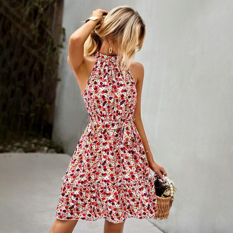 Summer Dress Floral Print Ruffle Hem Belted Halter Neck Dress Dress Women Sleeveless A-line Bohemian Mini Dress Beach Dress Robe