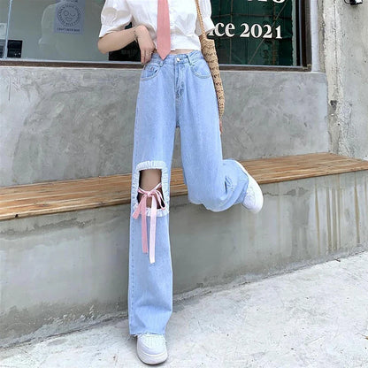 vmtvr Y2K Women Ripped Jeans Korean Bow Tie Bandage Loose Wide Leg Pants Summer Fashion Female All Match Student Denim Trousers