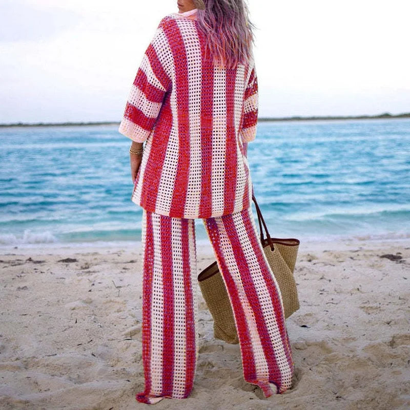 vmtvr Fashion V Neck Button 3/4 Sleeve Shirt+ Long Pants Sets Casual Striped Printed Knitted Beach Suit Summer Women's Loose Outfits