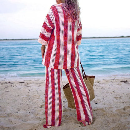 vmtvr Fashion V Neck Button 3/4 Sleeve Shirt+ Long Pants Sets Casual Striped Printed Knitted Beach Suit Summer Women's Loose Outfits