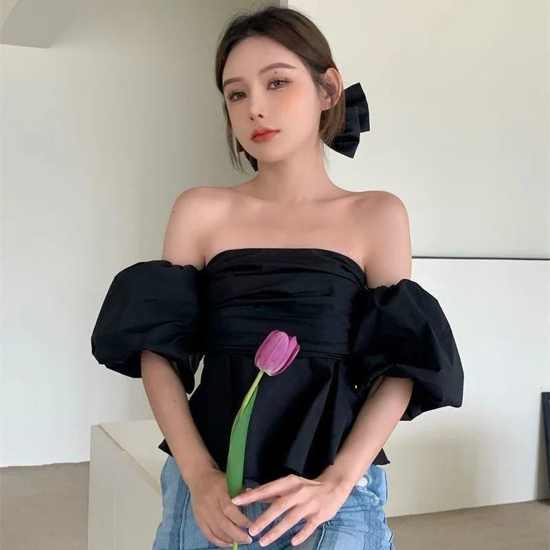 vmtvr Sexy Off Shoulder Women T Shirts Korean Fashion Folds Puff Sleeve Tops Summer Female Elegant All Match Tees New