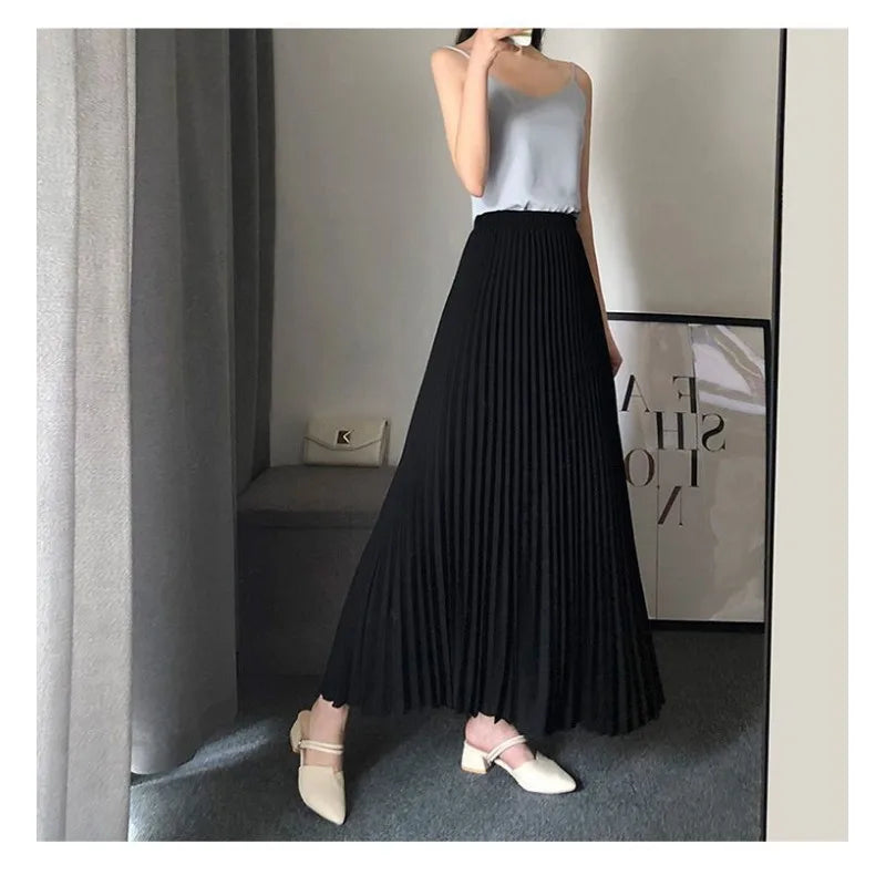 vmtvr  -  Women Long Pleated Skirts A-line Black Skirt Beach Dress High Waist Loose Vacation Design Solid Evening Dresses Women Clothing