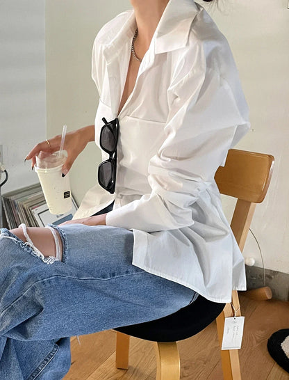 vmtvr Women Lapel White Bow Blouses Office Ladies Long Sleeve Single-breasted Loose Female Shirts Spring  Summer 2024