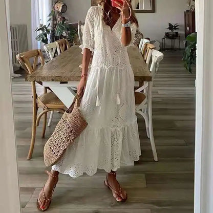 vmtvr  -  Casual Hollow Out V Neck White Lace Maxi Dress Vintage A-line Loose Embrioderied Floral Print Bohemian Long Sundress