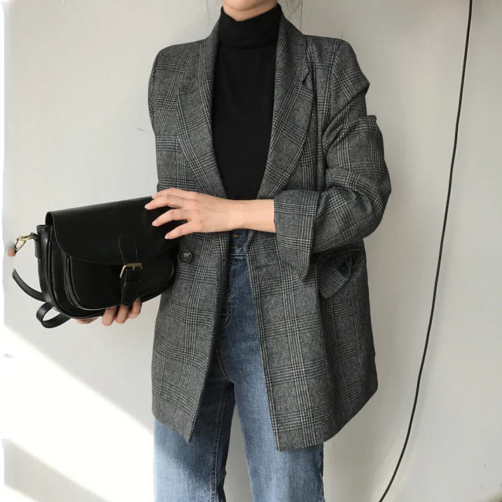 vmtvr Plaid Double Breasted Pockets Formal Jackets Checkered Winter Spring Women's Blazers Outerwear Tops