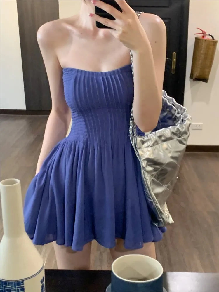 vmtvr Sexy Strapless Solid Short Dress Women New Summer Slim A-line Sleeveless Beach Style Korean Chic Birthday Party Dress Vestidos