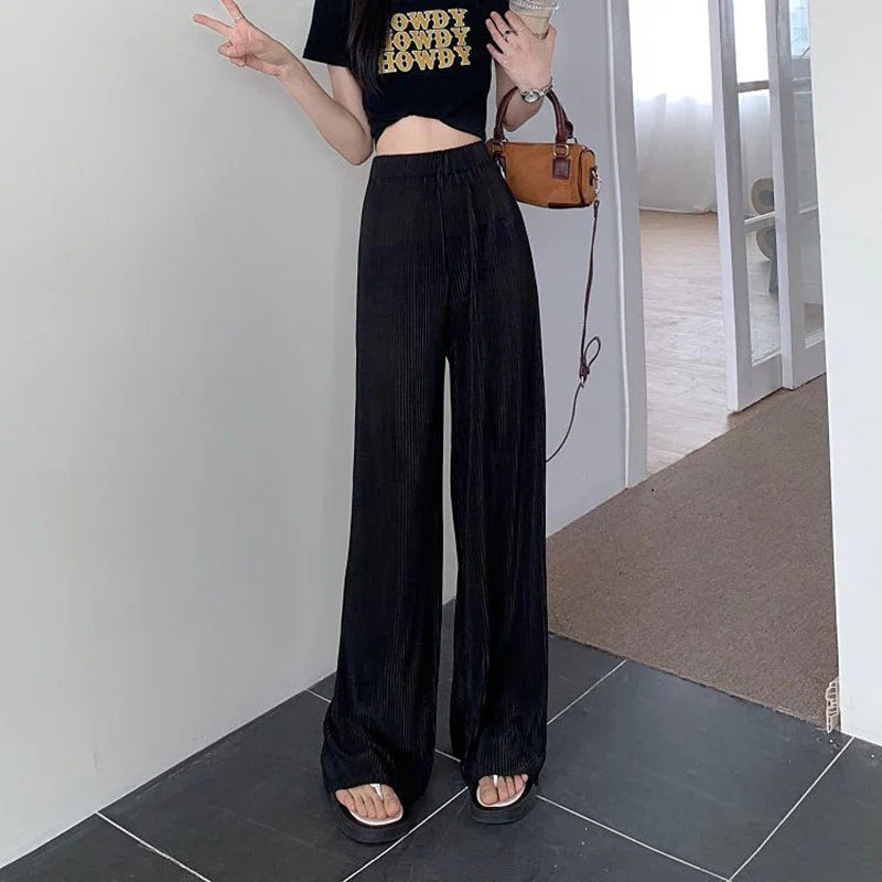 vmtvr Fashion Streetwear Women Harajuku Wide Leg Pants Summer Loose Thin Pleated Straight Trousers High Waist Elastic Y2k Pants