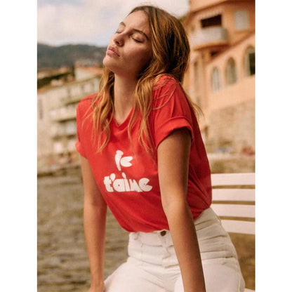 -Retro sports style outfit streetwear 90s fashion Je T'aime French Letters Printing Female Chic Short Sleeve T Shirts Red Short Sleeve 100% Cotton Casual Tops Ins Fashion Tees