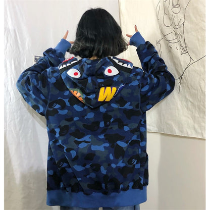 - Japanese Shark Camouflage Hoodies Women Men Sweatshirts Female Early Autumn Harajuku Hip-Hop Loose Couple Leisure Couples Hoodie