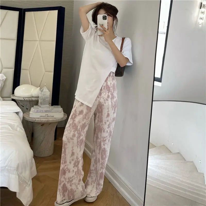 vmtvr Korean Fashion Women Tie Dye Pleated Wide Leg Pants Spring Summer Elastic High Waist Versatile Loose Straight Casual Trousers