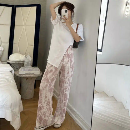 vmtvr Korean Fashion Women Tie Dye Pleated Wide Leg Pants Spring Summer Elastic High Waist Versatile Loose Straight Casual Trousers